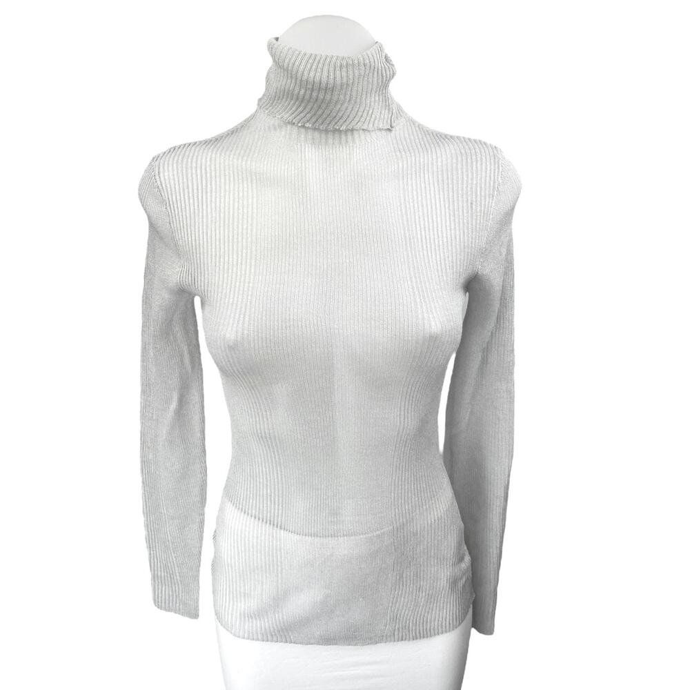 NEW Ser.O.Ya Piper Gray Linen Knit Turtleneck Long Sleeve Sheer Sweater Top Sz M